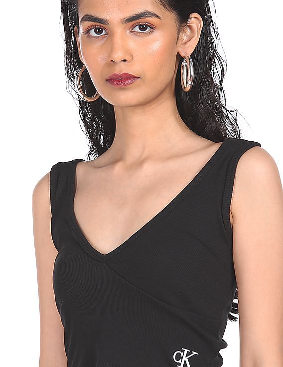 Calvin Klein Women Black V-Neck Ribbed Crop Top