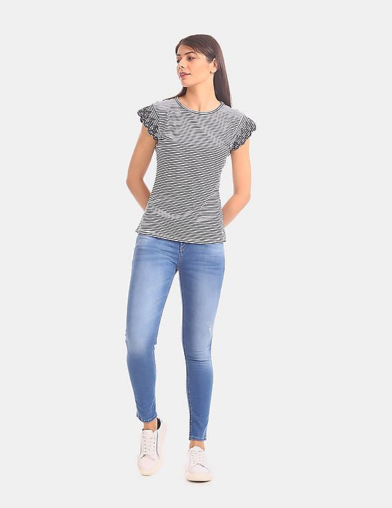 U.S. Polo Assn. Women White Cap Sleeve Striped Top