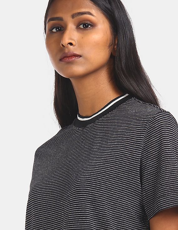 Calvin Klein Women Black Ribbed Round Neck Metallic Striped T-Shirt