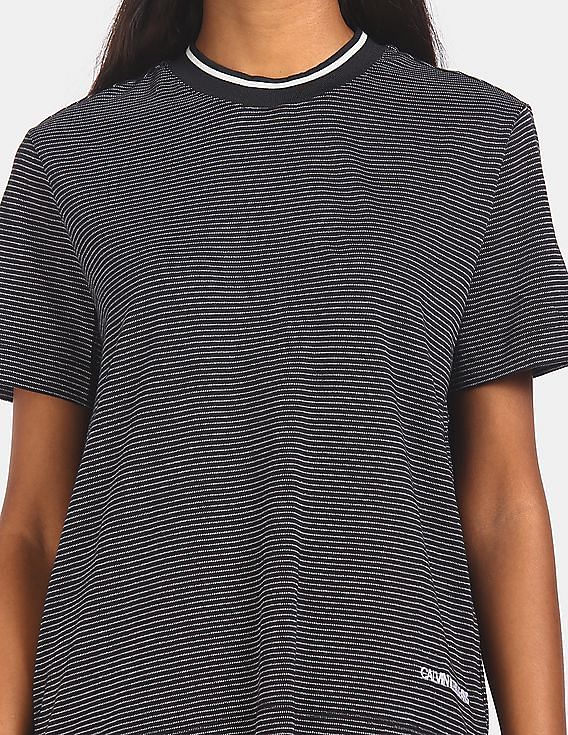 Calvin Klein Women Black Ribbed Round Neck Metallic Striped T-Shirt