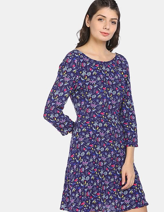 Buy GAP Women Blue Three Quarter Length Sleeve Fit And Flare Dress In Crepe  - NNNOW.com