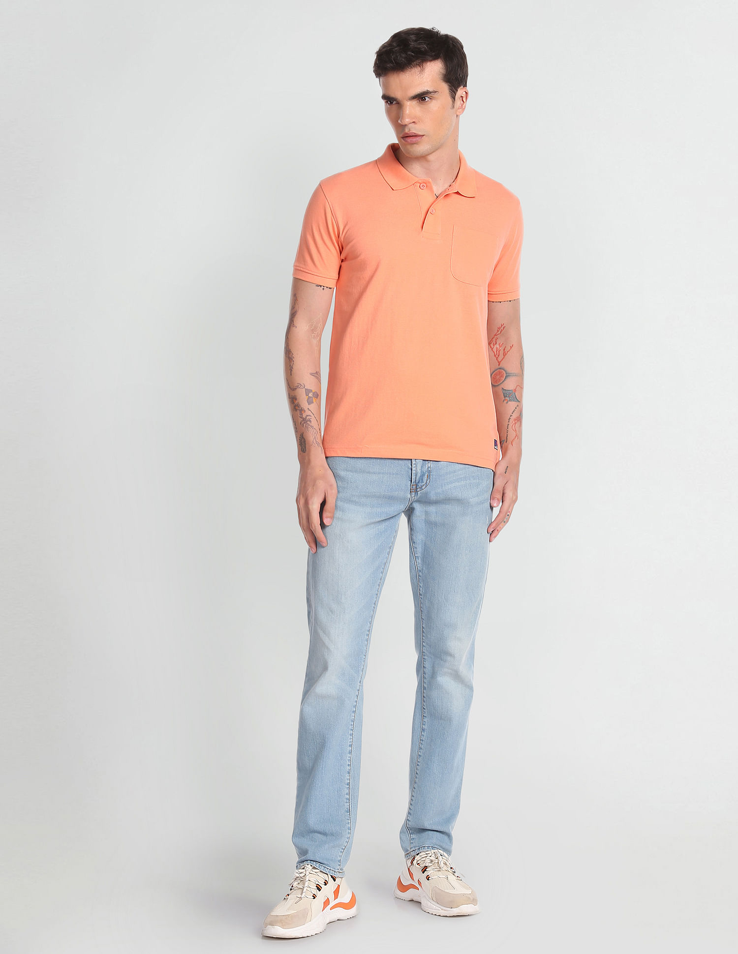 Flying Machine Solid One Pocket Polo Shirt