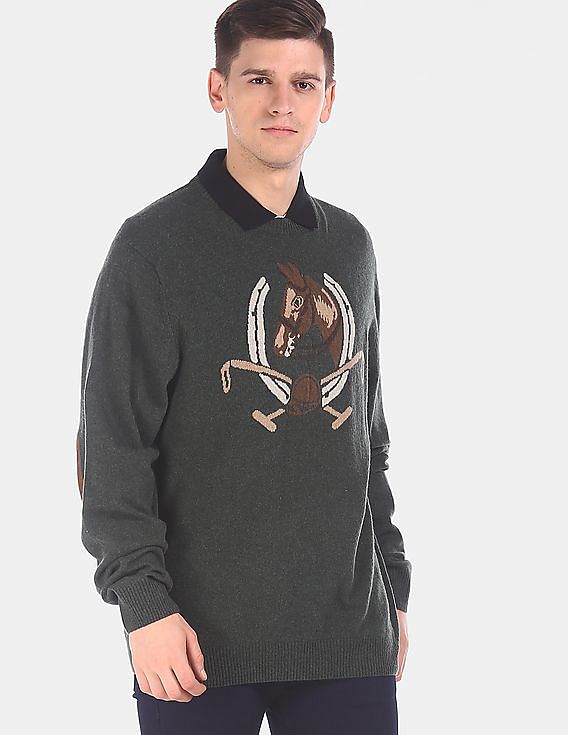 U.S. Polo Assn. Denim Co. Elbow Patch Brand Pattern Lambswool Sweater