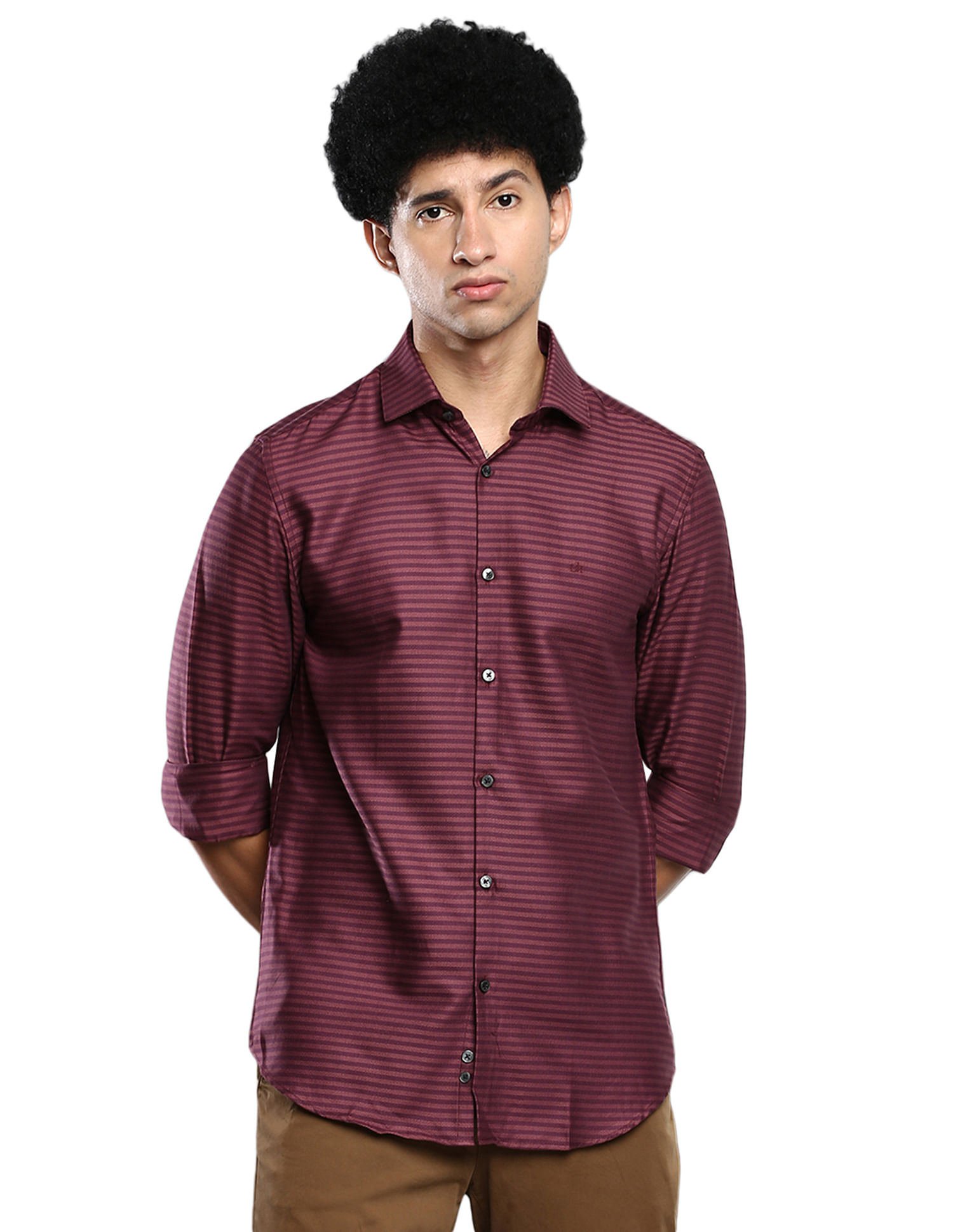 Calvin Klein Men Burgundy Horizontal Stripe Dobby Slim Fit Casual Shirt