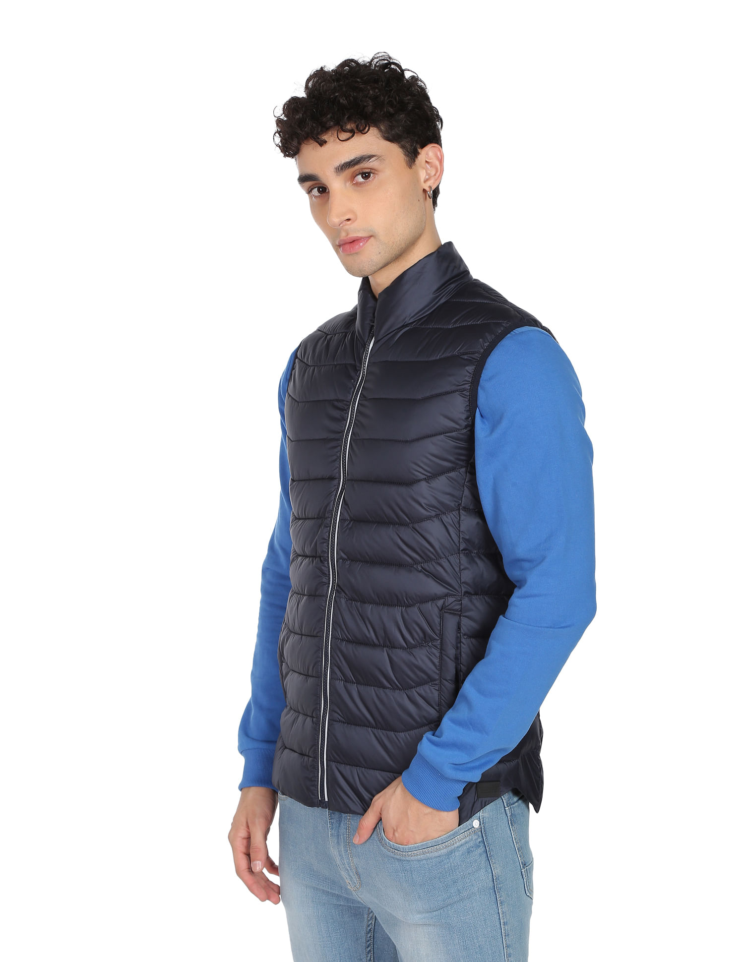Men's Jacket in Stretch Fabric. Sleeveless Zippered with Pockets. Raised  Collar.