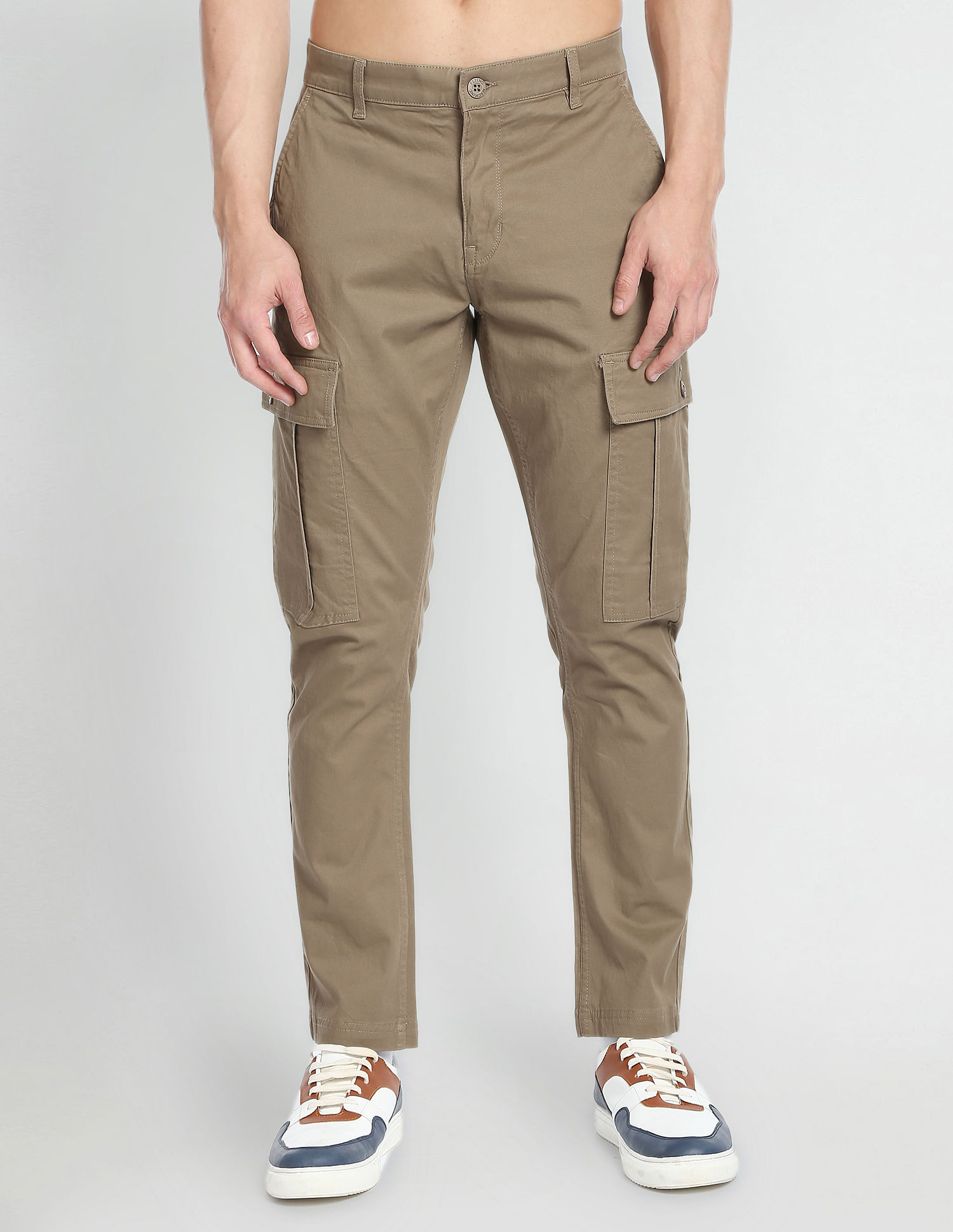 Flying Machine Men  Khaki Solid Twill Cargo Trousers