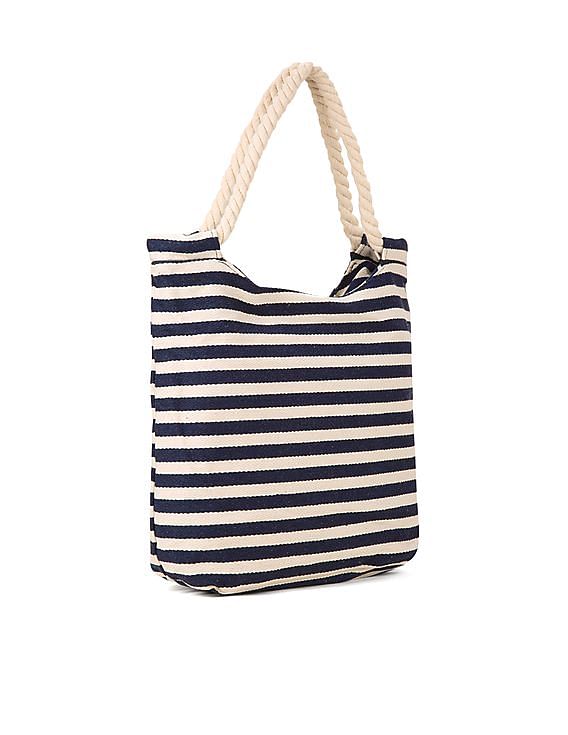 Striped Canvas Tote Bag - Black