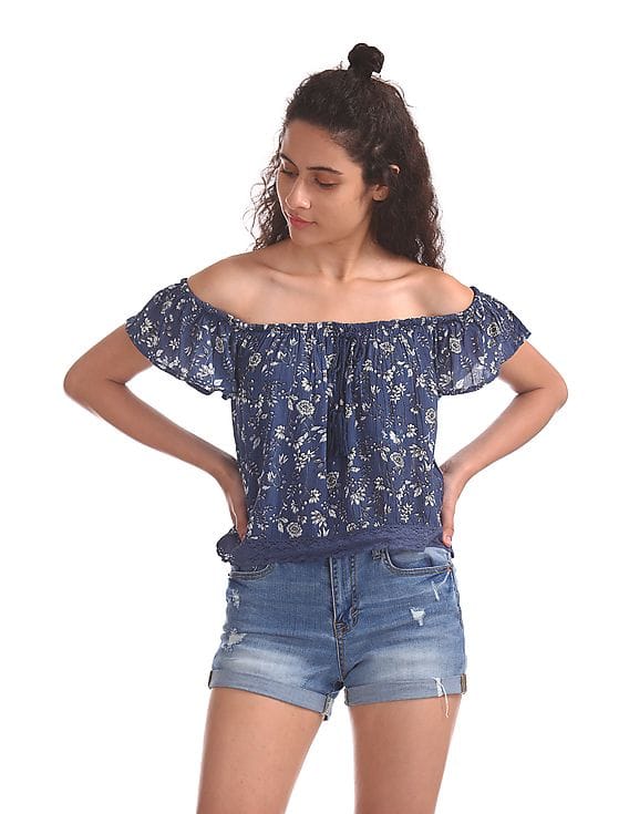 Blouse Denim Bleue Aeropostale Pour Fille - Épaules Froides Dénudées Avec Dentelle - Taille 9/10