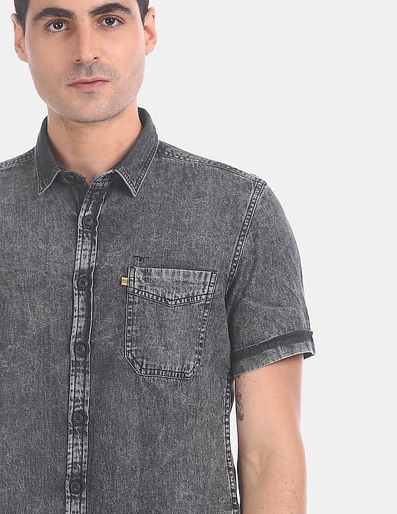 Flying Machine Short Sleeve Washed Denim Shirt