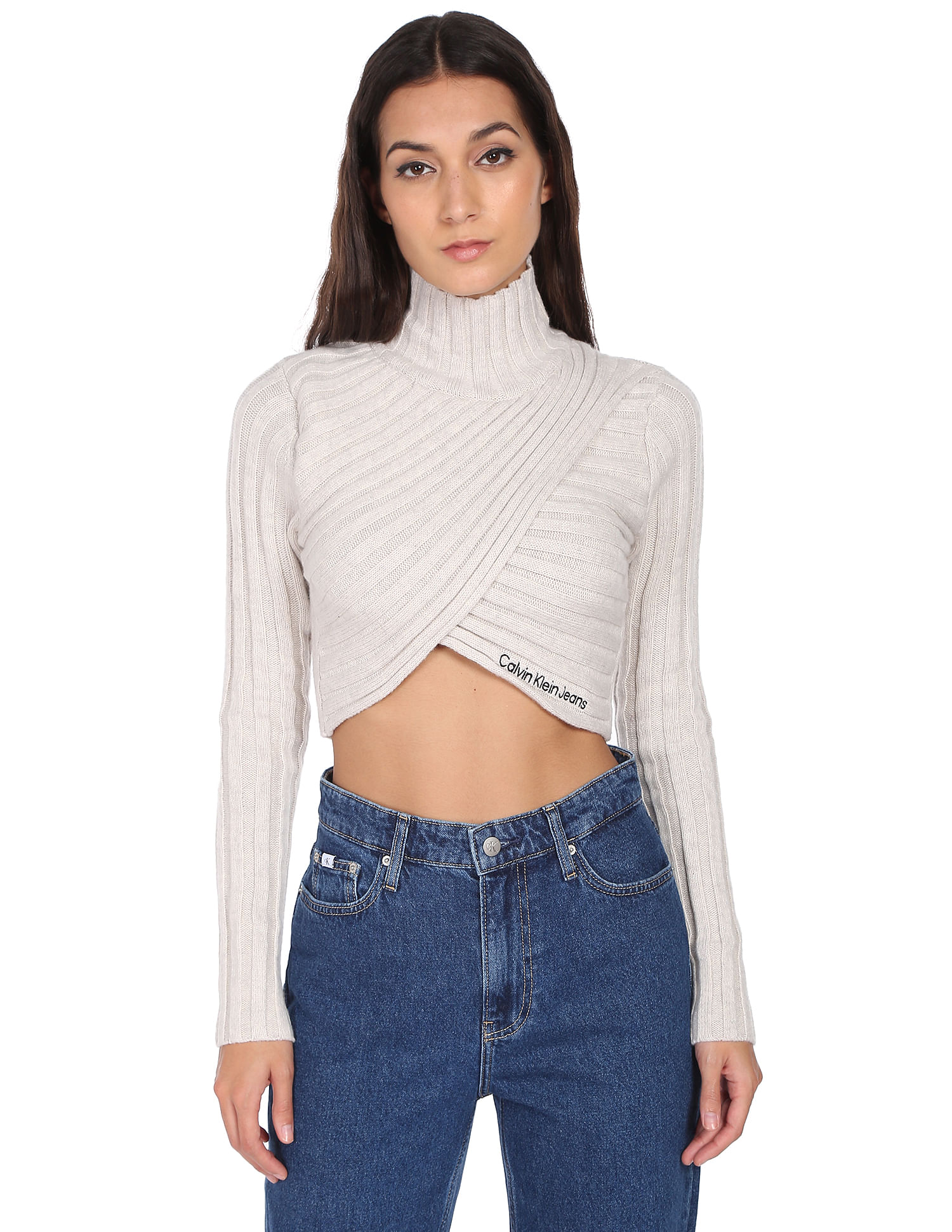 CK Jeans Red Chunky Turtleneck Short Sweater-1990s? All