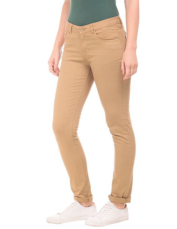 Buy STOP Natural Solid Polyester Skinny Fit Womens Trousers  Shoppers Stop