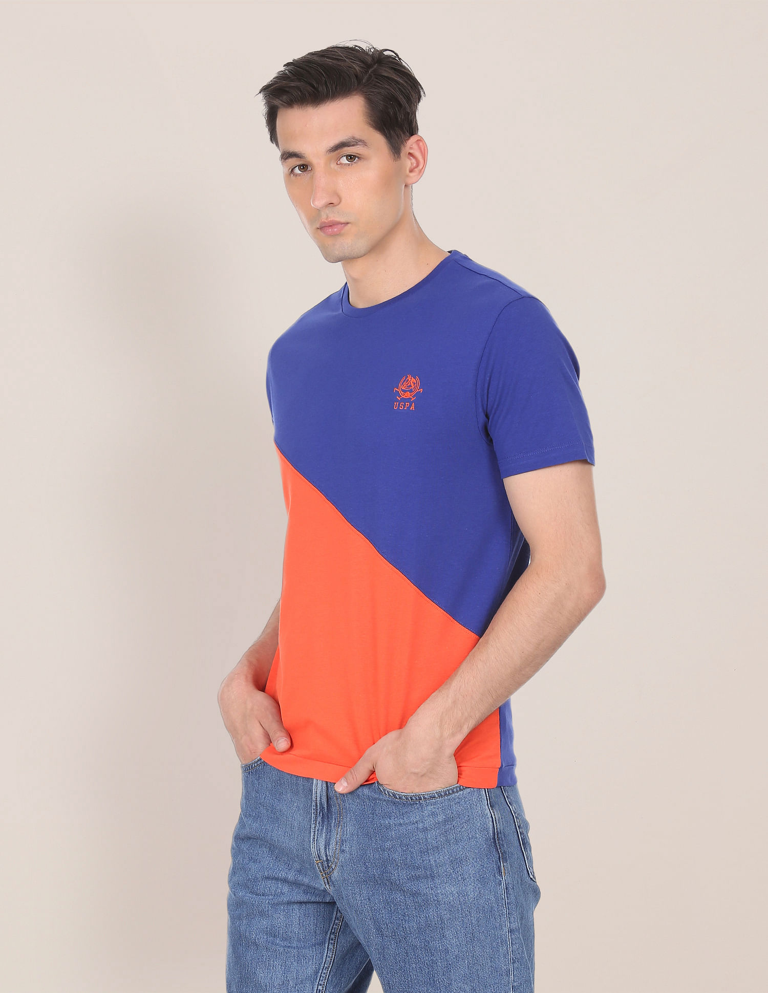 U.S. Polo Assn. Men Blue And Orange Cotton Colour Block T-Shirt