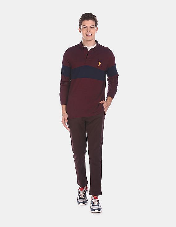 U.S. Polo Assn. Men Maroon Long Sleeve Colour Blocked Polo Shirt