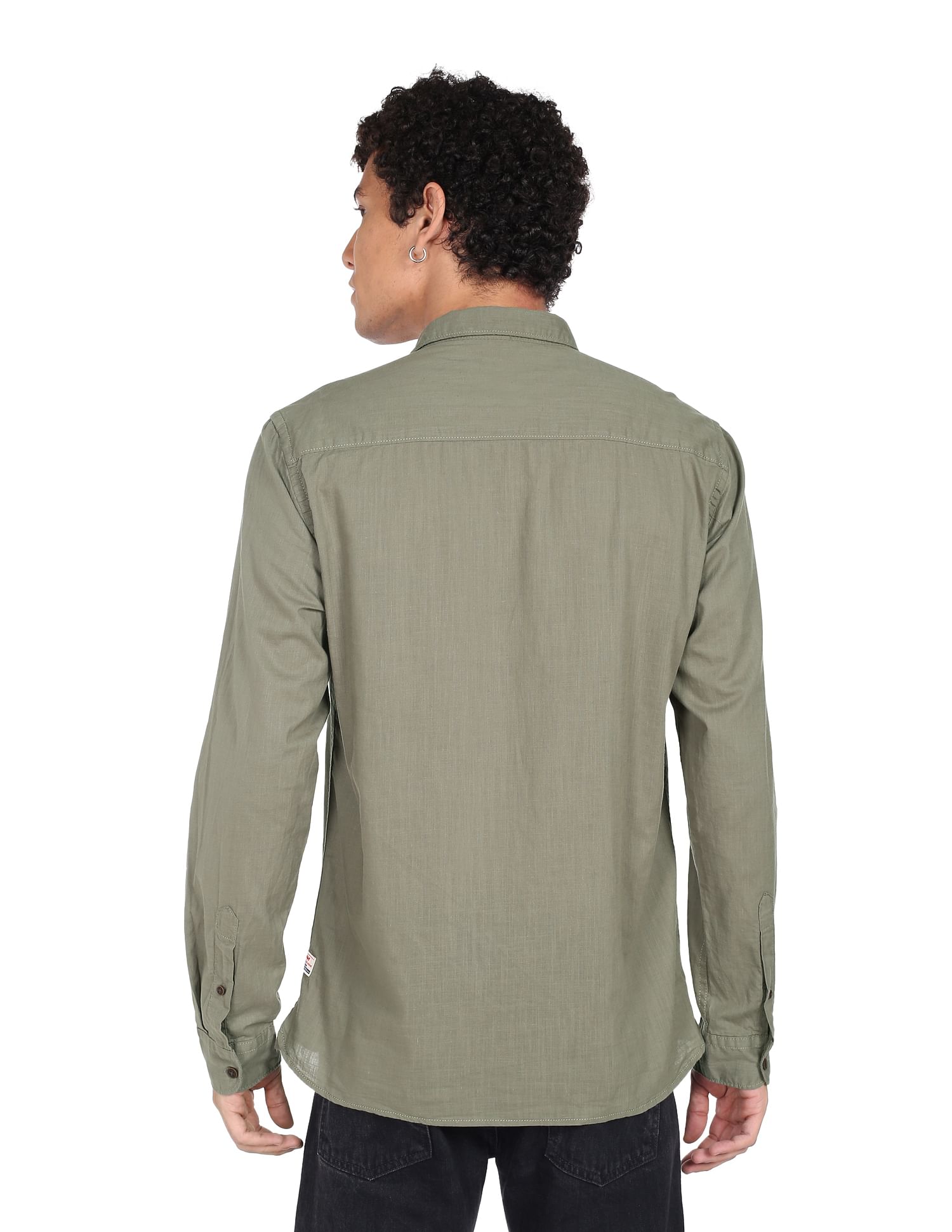 Flying Machine Button-Down Collar Slub Solid Shirt