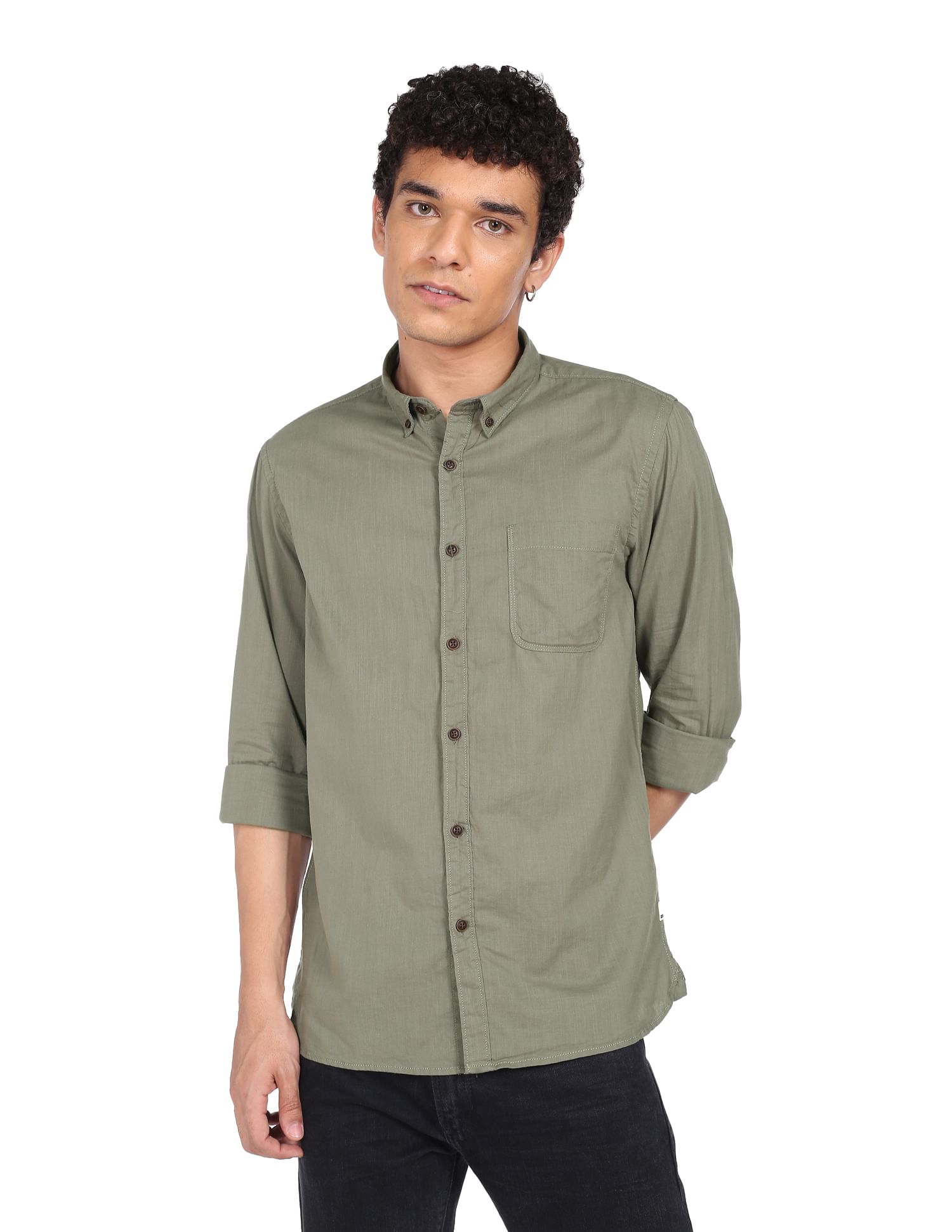 Flying Machine Button-Down Collar Slub Solid Shirt