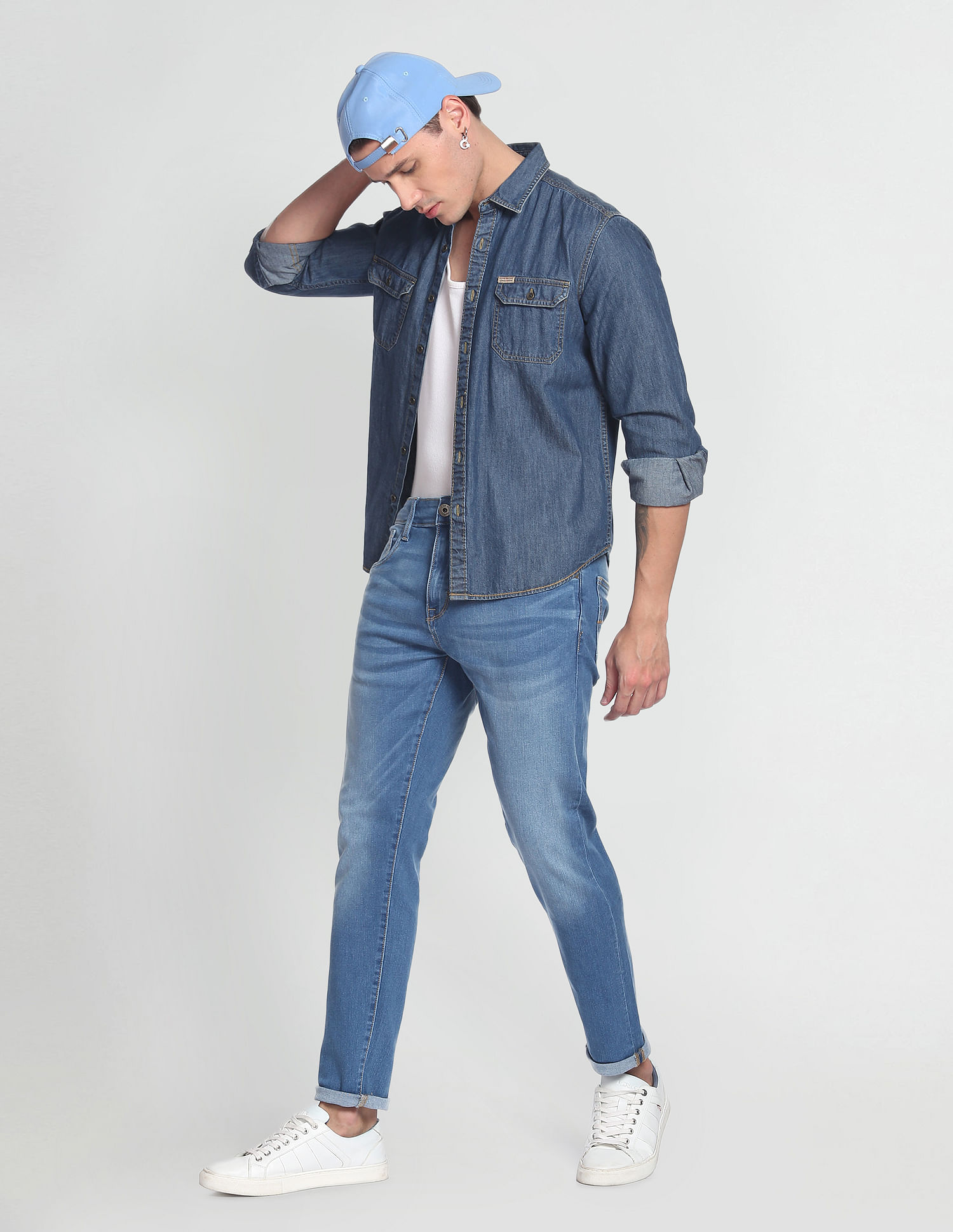 Flying Machine Stone Wash Slash Slim Tapered Fit Authentic Signature Jeans