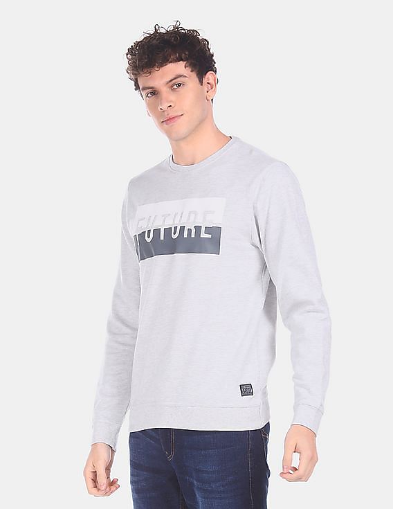Flying Machine Ribbed Crew Neck Printed Sweatshirt