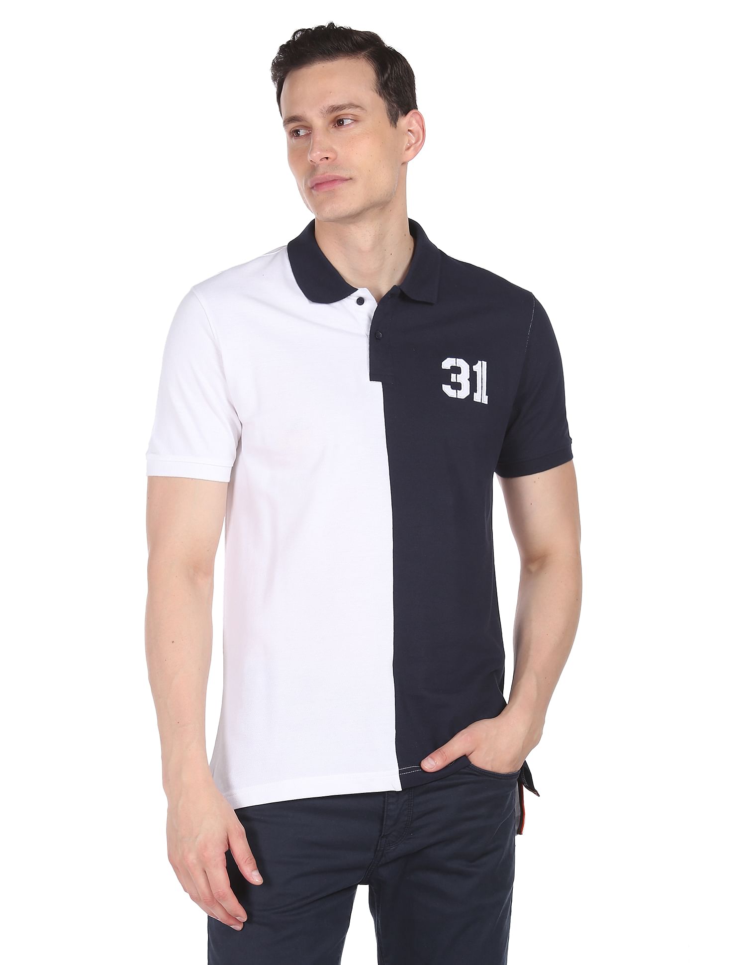 AD by Arvind Cotton Colour Block Logo Polo Shirt