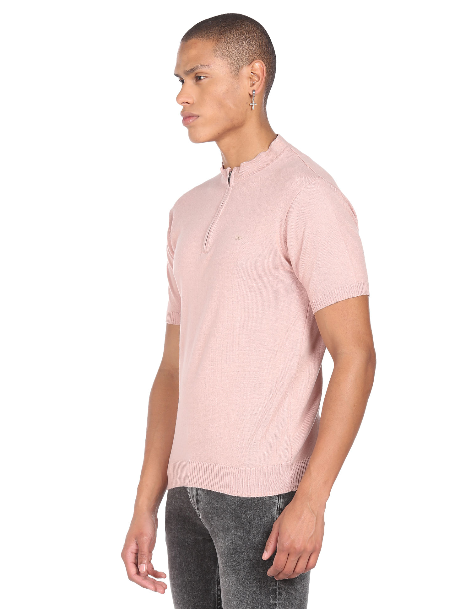 Flying Machine Mock Neck Solid T-Shirt
