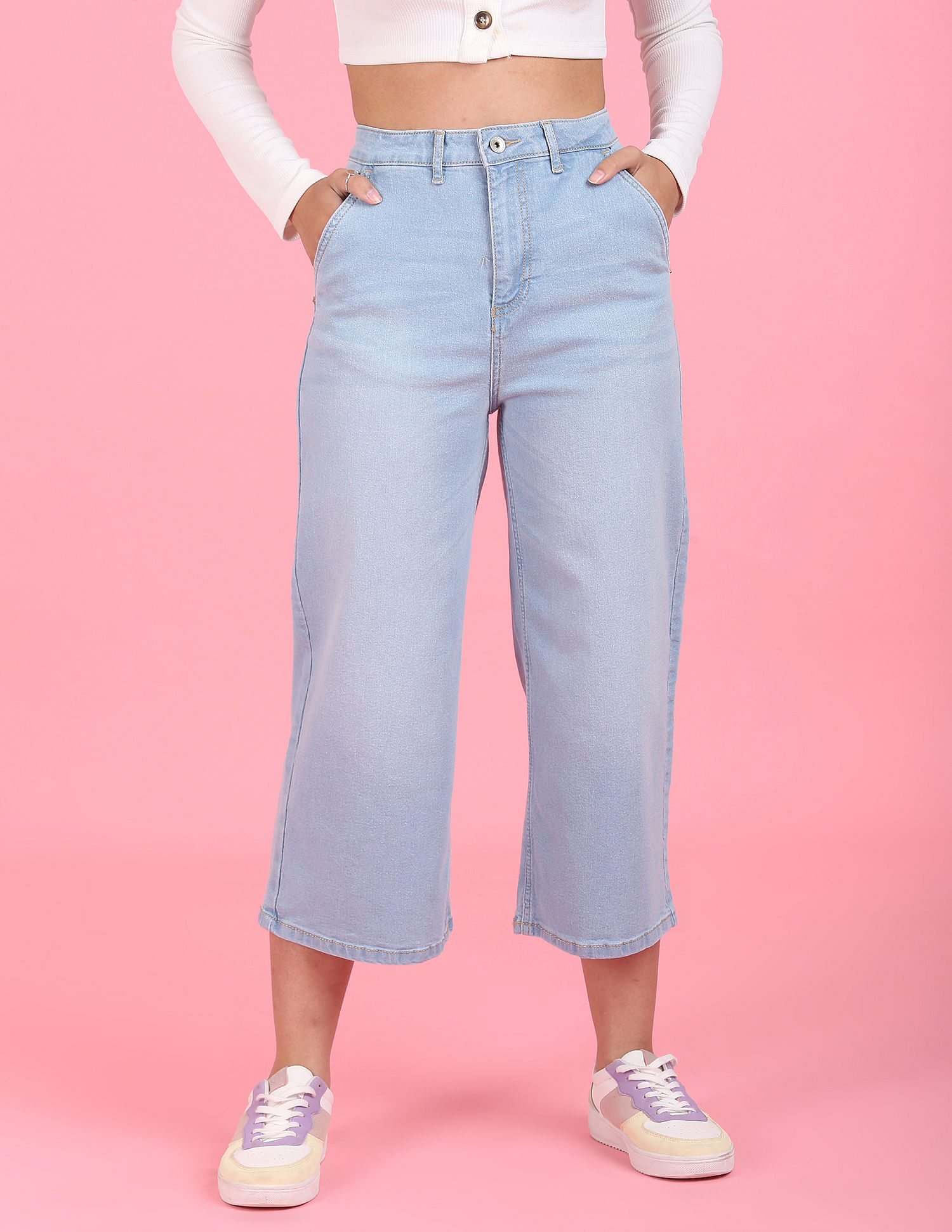 Flying Machine Women High Rise Wide Leg Cropped Jeans