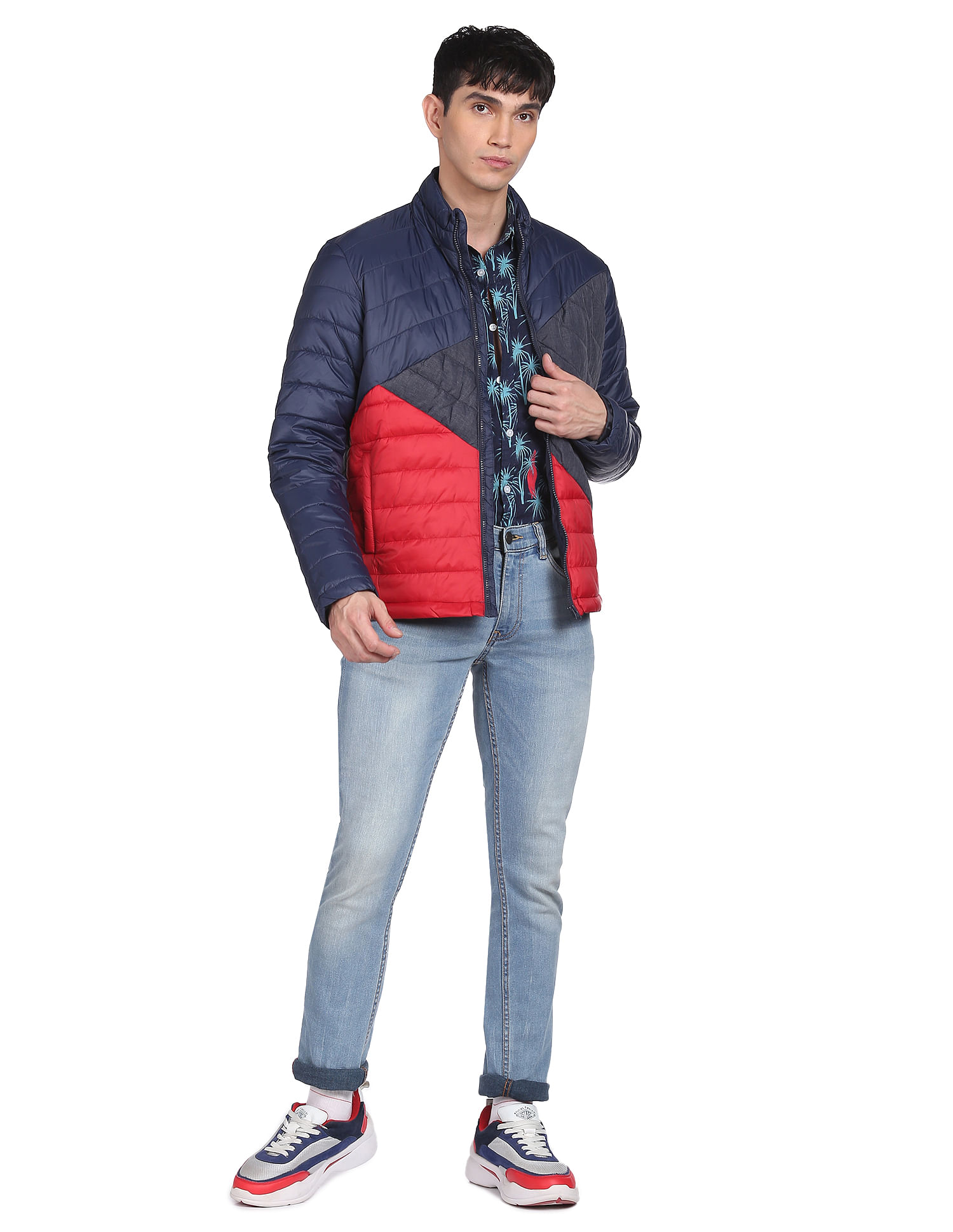 Flying Machine High Neck Colour Block Padded Jacket