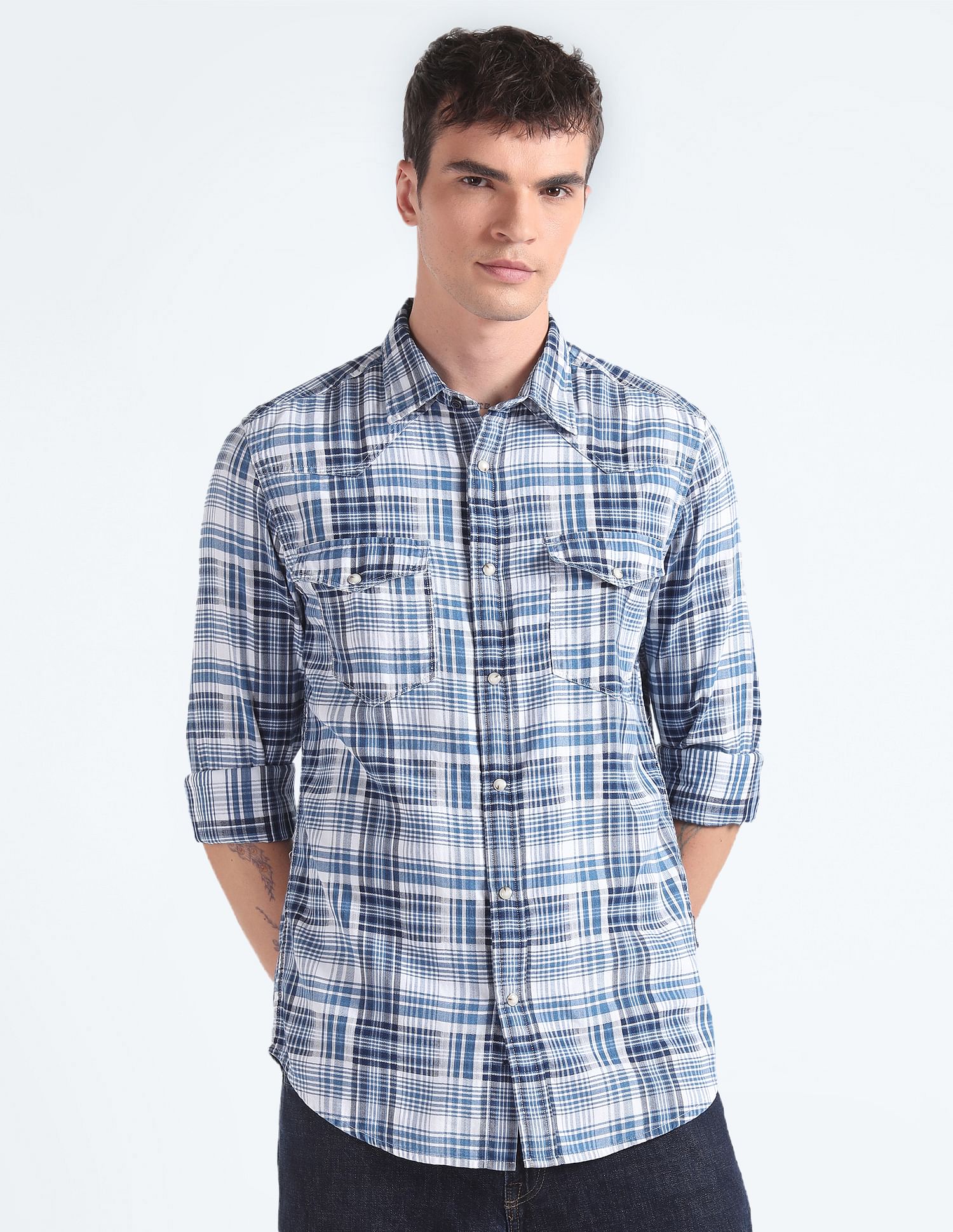 Flying Machine Tartan Check Herringbone Shirt