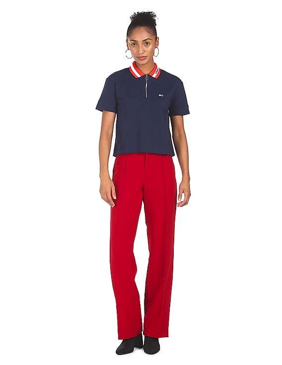Buy Tommy Hilfiger Women Navy Cotton Branded Collar Polo Shirt