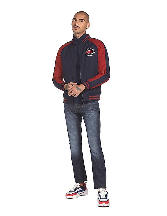 U.S. Polo Assn. Denim Co. Men Navy Stand Collar Colour Block Bomber Jacket