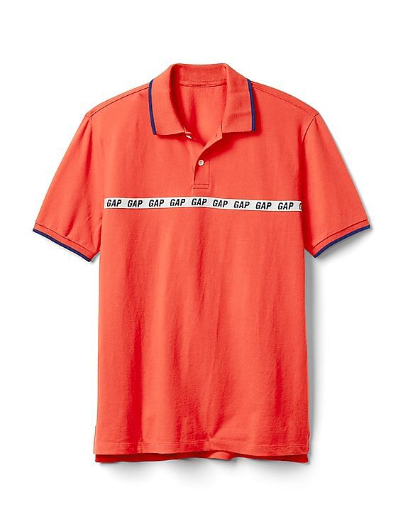 Buy GAP Men Orange Logo Sports Tape Pique Polo Shirt In