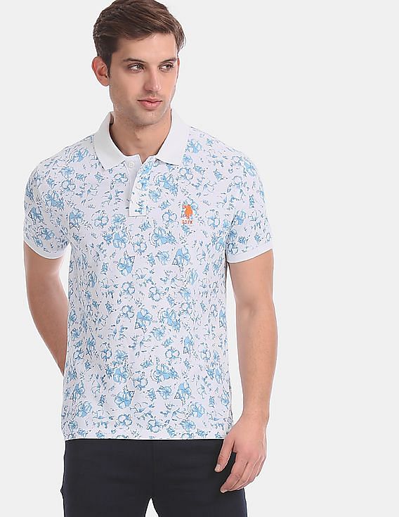 U.S. Polo Assn. White Allover Floral Print Pique Polo Shirt