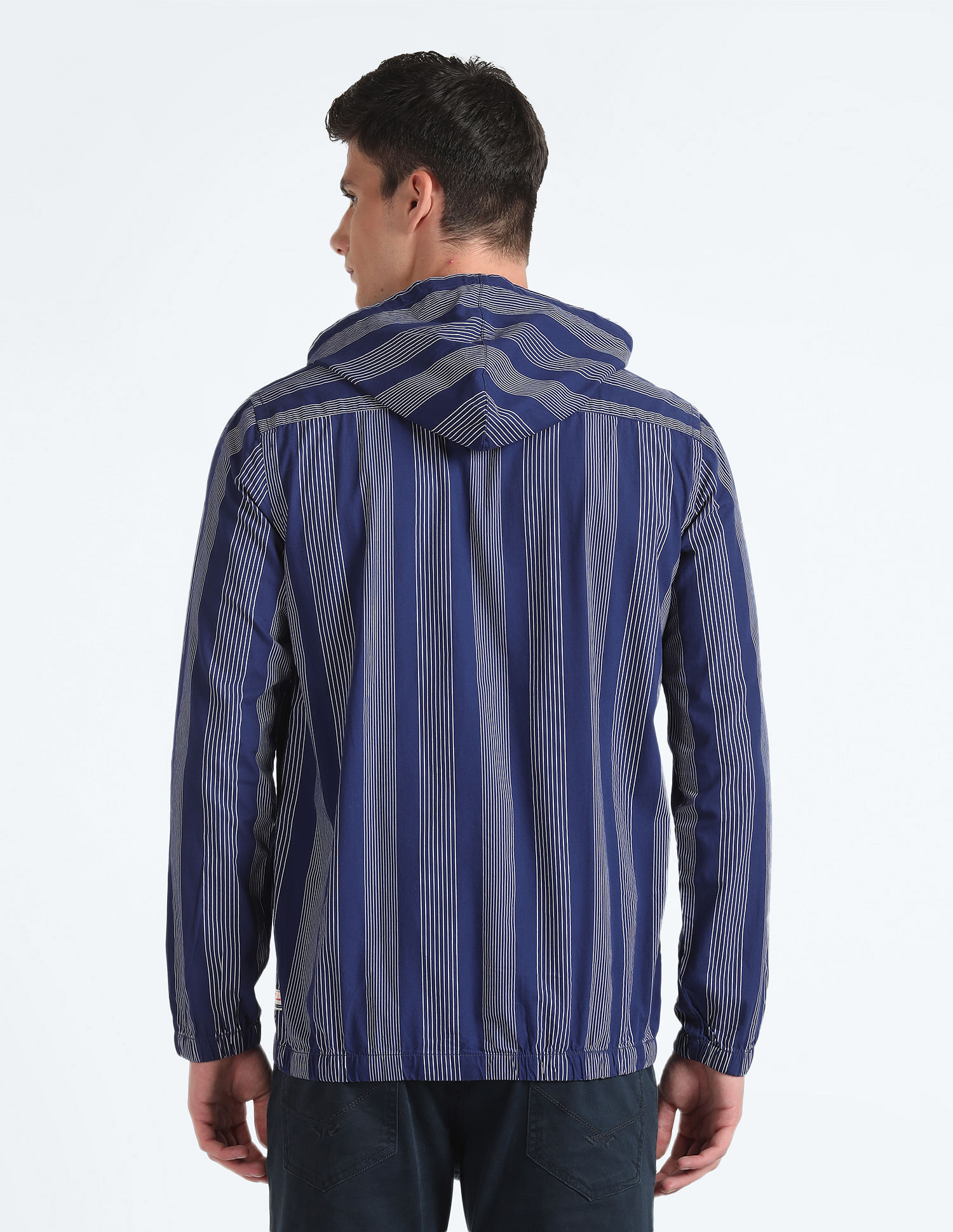 Flying Machine Hooded Vertical Striped Cotton Shirt