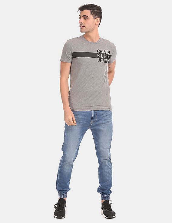 Klein Logo Men Stripe Slim Grey Buy Calvin T-Shirt Stretch Cotton