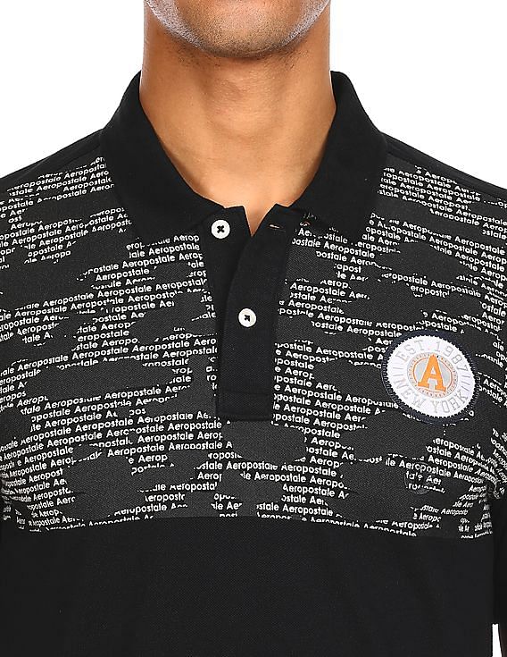 Aeropostale Women Black Cotton Brand Print Polo Shirt