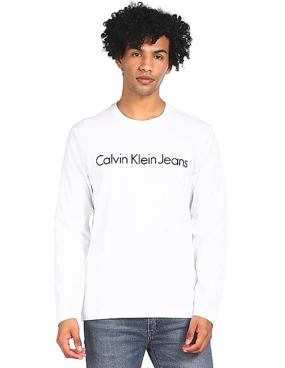 Buy Calvin Klein Men White Long Sleeve Brand Print T-Shirt