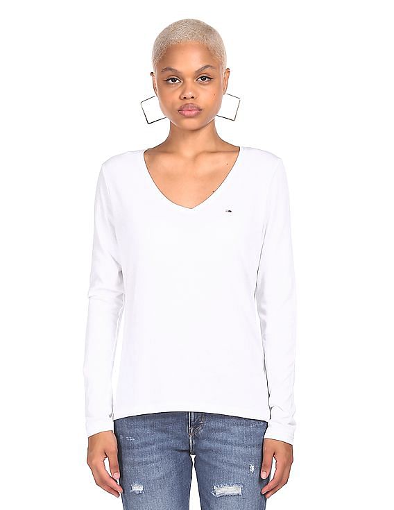 Buy Tommy Hilfiger Women White Long Sleeve V Neck T Shirt NNNOW