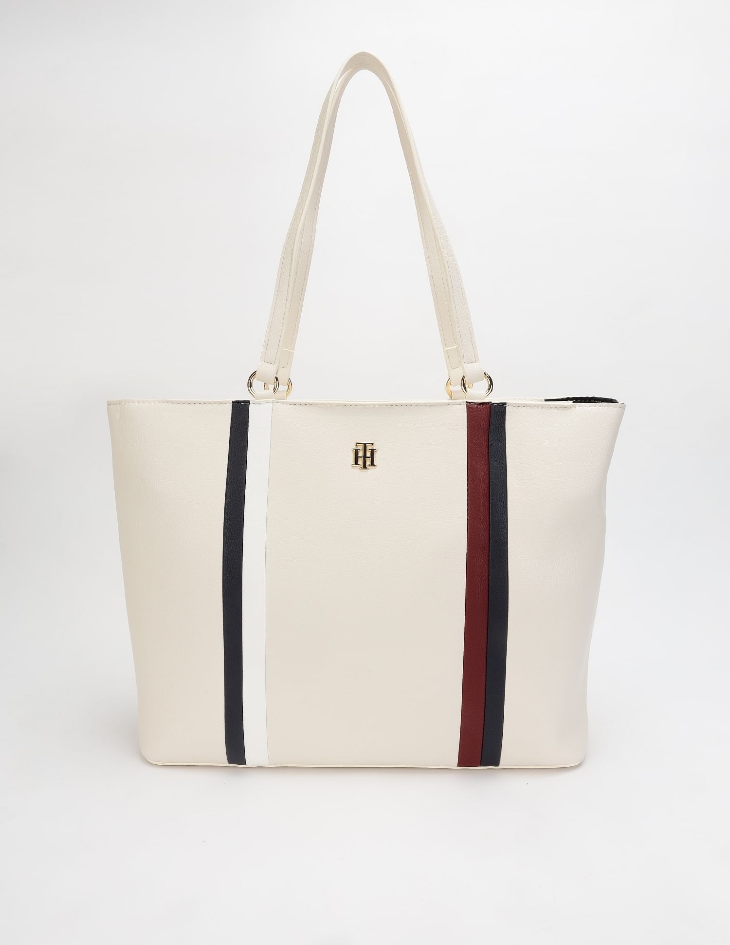 Tommy Hilfiger Striped Beige Pu Tote Bag