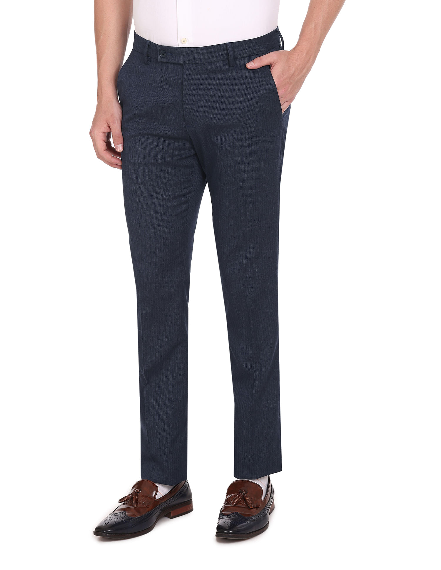 Buy ARROW Navy Checks Polyester Blend Tailored Fit Mens Trousers | Shoppers  Stop