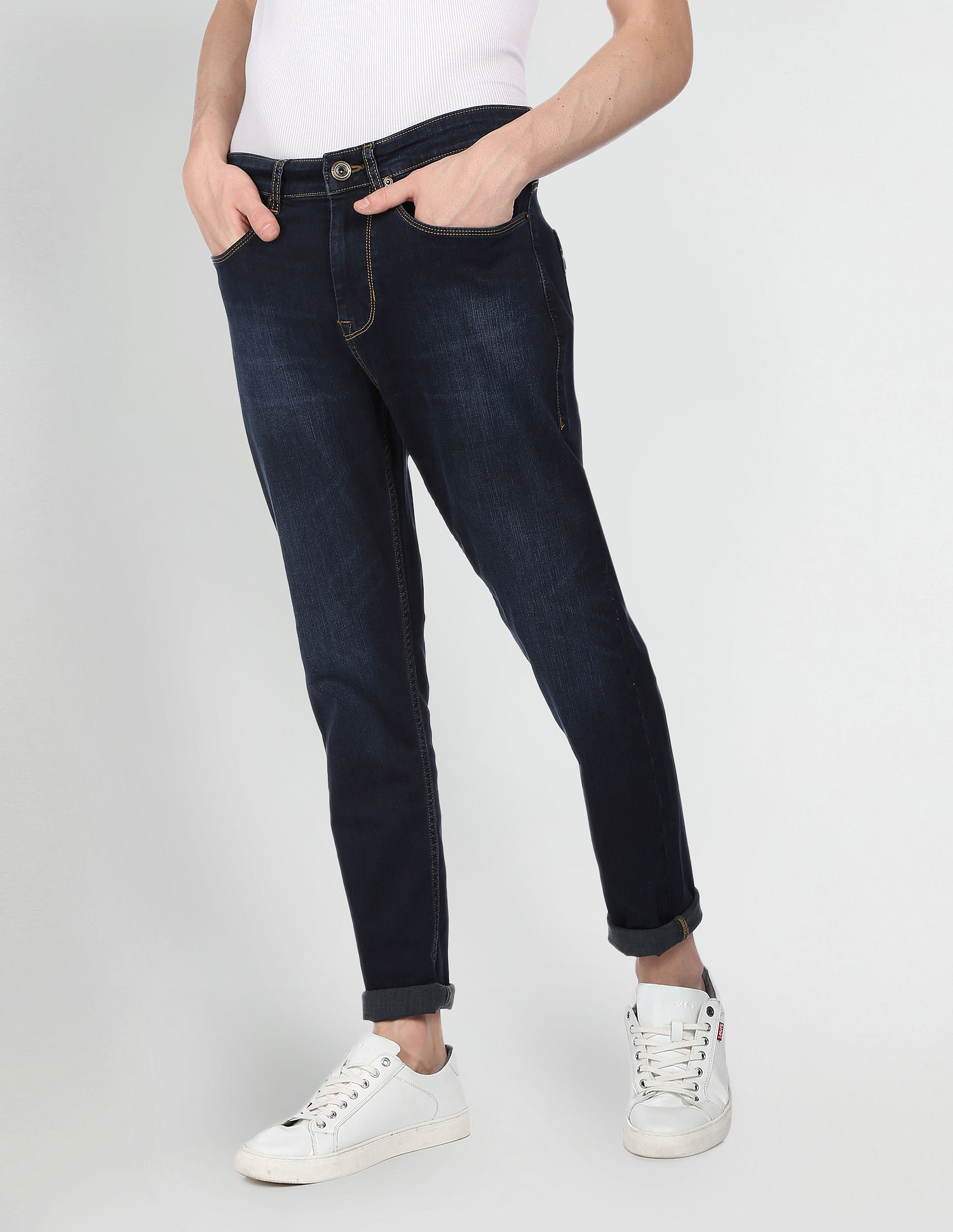 Flying Machine Stone Wash Slash Slim Tapered Fit Jeans