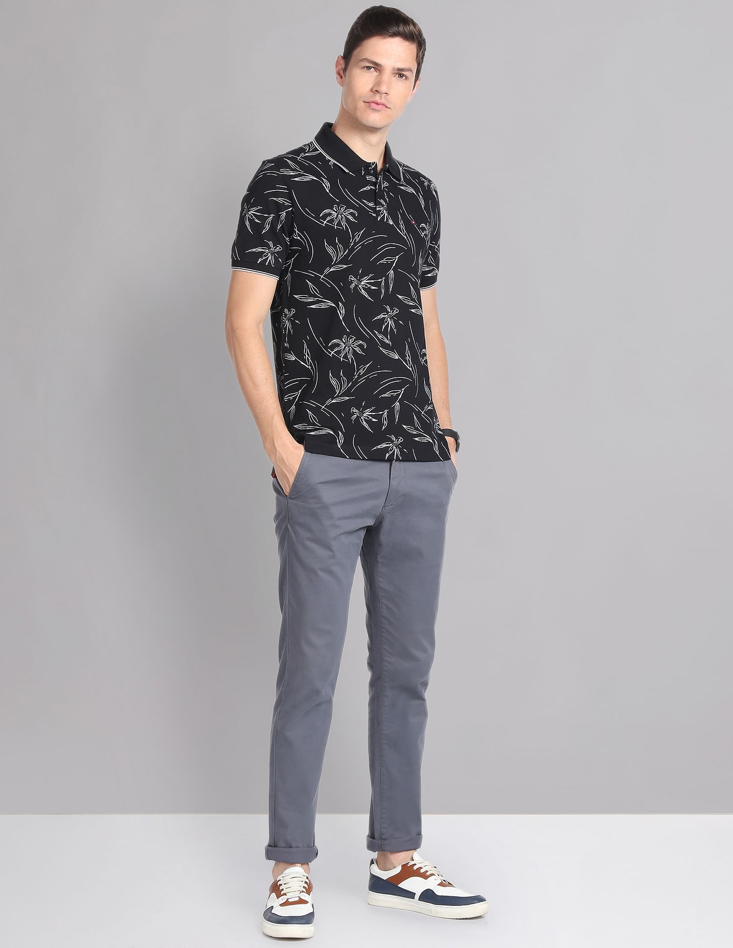 AD by Arvind Floral Print Cotton Polo Shirt