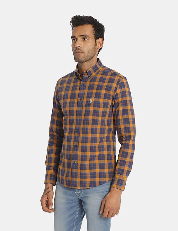 mens mustard and navy plaid shirt