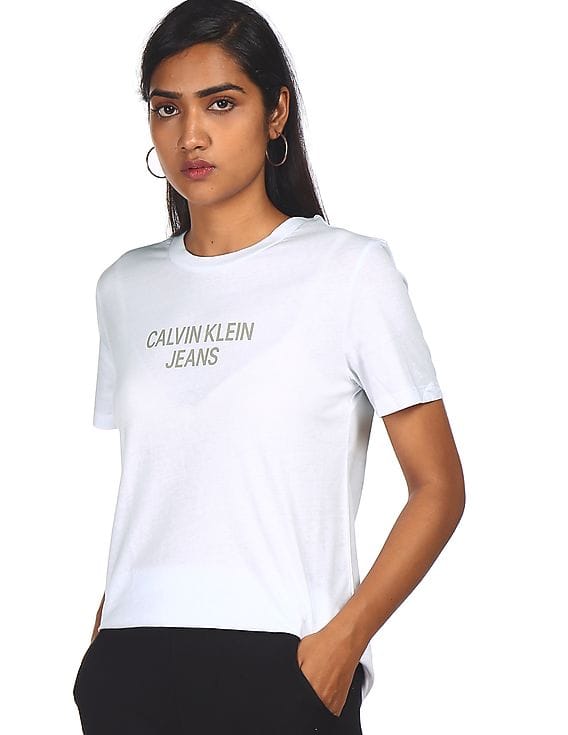 Buy Calvin Klein Women White Round Neck Brand Print T-Shirt