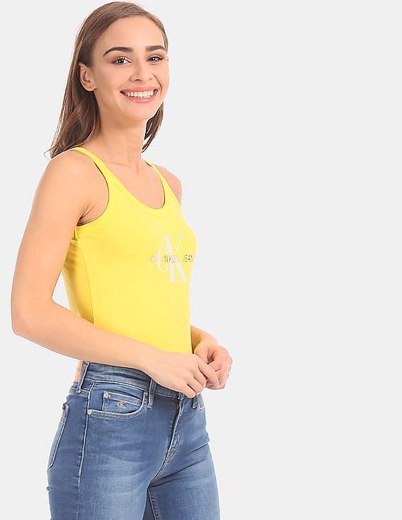 Buy Calvin Klein Underwear Women Yellow Monogram Logo Print Cotton Bodysuit  