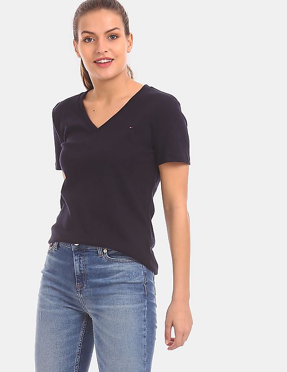 Tommy Hilfiger Short Sleeve Tops-Cotton Shirts for Women with V-Neckline  and Logo Detail