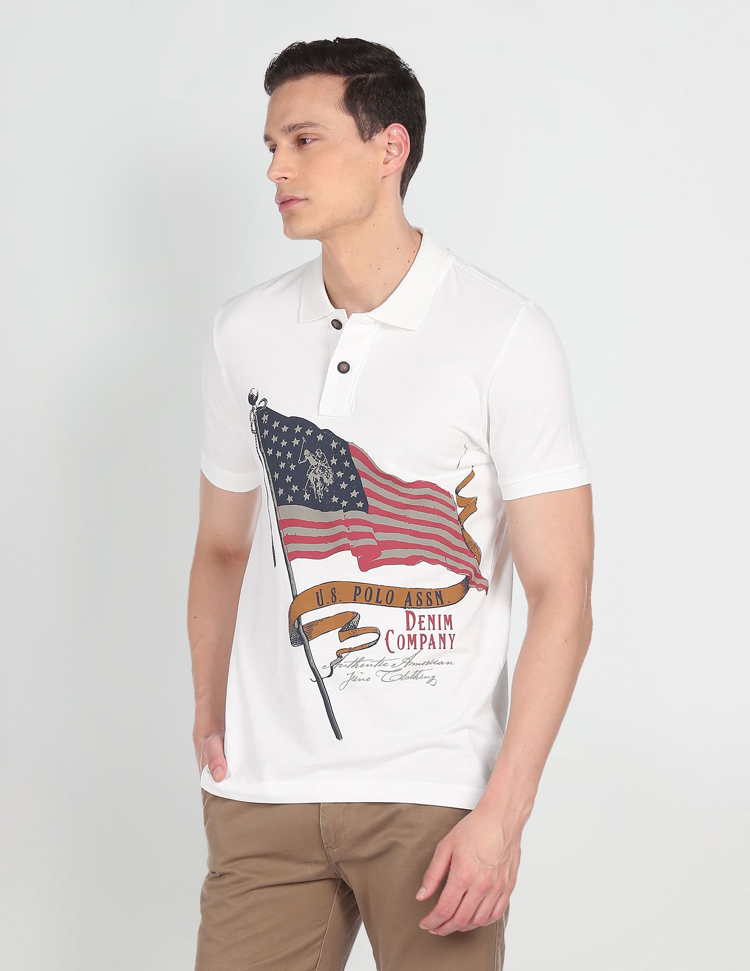 U.S. Polo Assn. Denim Co. Men Off White Brand Print Pique Polo Shirt