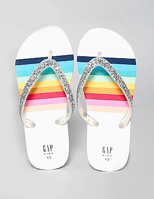white rainbow flip flops