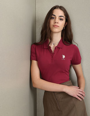 U S Polo Assn Women Metallic Logo Slim Polo Shirt