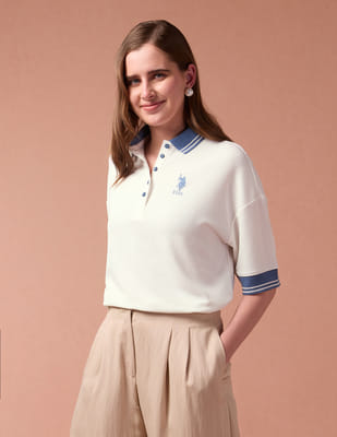 Buy U.S. Polo Assn. Women Oversized Textured Knit Polo Shirt