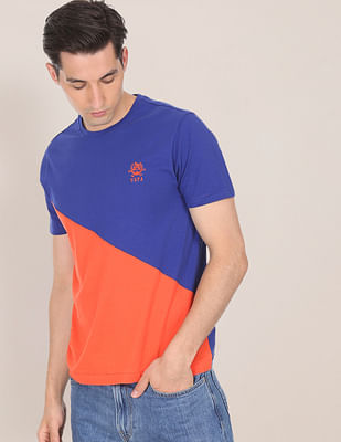 U S Polo Assn Men Blue And Orange Cotton Colour Block T-Shirt