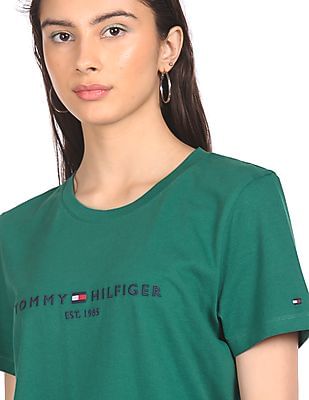 Buy Tommy Hilfiger Women Green Crew Neck Embroidered Logo T Buy Tommy Hilfiger Women Green Crew Neck Embroidered Logo T