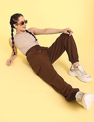 Buy Flying Machine Women Elasticized Waist Solid Cargo Joggers 